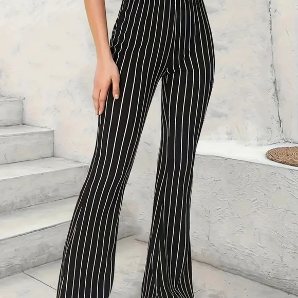 Striped High-Waist Flared Pin Striped Pants - Navy - Picture 1 of 5